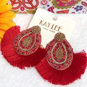 Large Boho Seed Bead Fan Tassel Post Drop Earrings